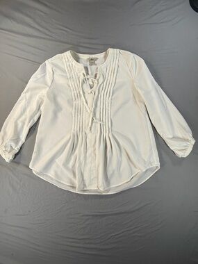 Bass Women's White Pleated Tie Front Long Sleeve Crew Neck Blouse S